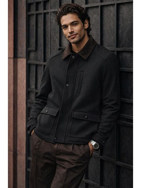 İMZA Antrasit Kadife Polo Yaka Düz Yırtmaçsız Tam Astar Slim Fit Casual Mont - S000495181-29666