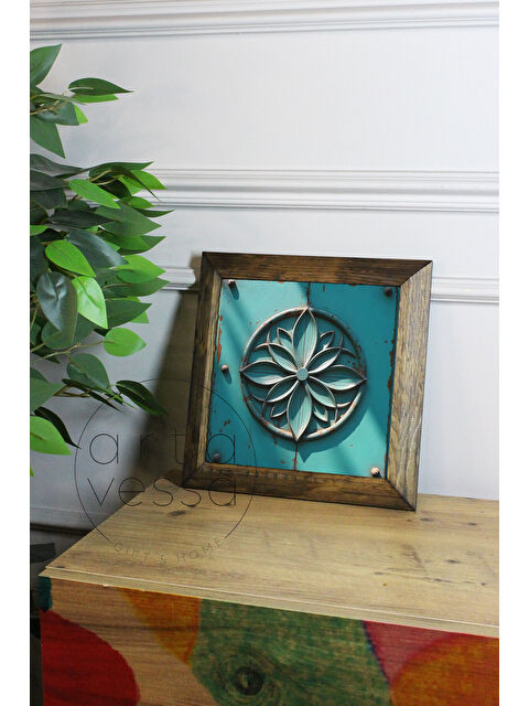 Artavessa Masif Ahşap Çerçeveli Taş Tablo Pano 16 x 16 cm - Yaşam Çiçeği 1 - 26 x 26