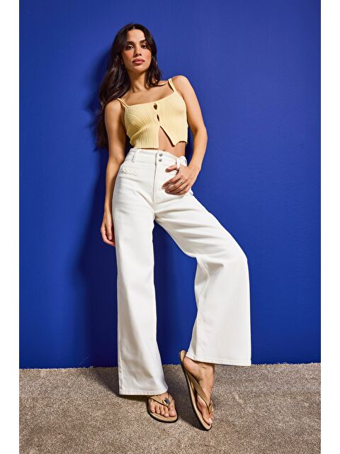 It's Basic Kadın Kırık Beyaz 7s6-101 Wide Leg Yüksek Bel Elastan Kumaş Denim Jean