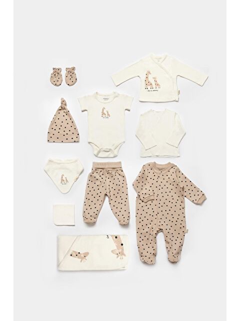 Magu Unisex Bebek Pamuklu Bej Zürafa Desenli 10'Lu Hastane Çıkışı Seti - Organik Kumaşlı - S000388670-23173
