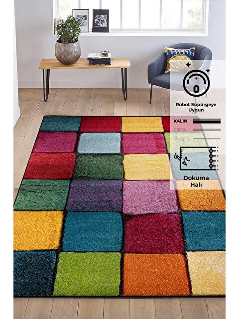 Konfor Halı Renkli Kare Duvar Taşı Modern Dokuma Halı-100x200 - S000209109-23173