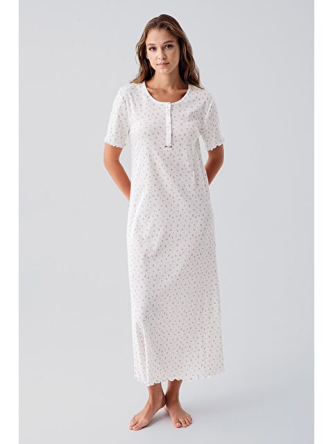 Artış Kısa Kollu Düğmeli Çiçek Desenli Uzun Esnek Pamuklu Gecelik 19103 - S000511811-10231
