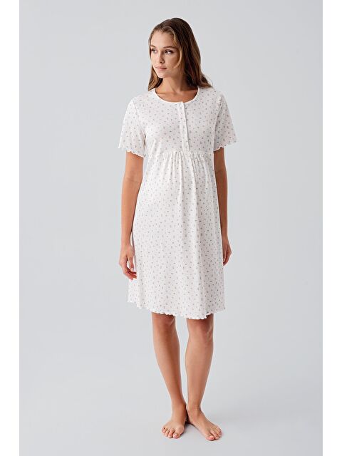 Artış Kısa Kollu Düğmeli Çiçek Desenli Esnek Pamuklu Hamile Gecelik 19106 - S000511812-10231