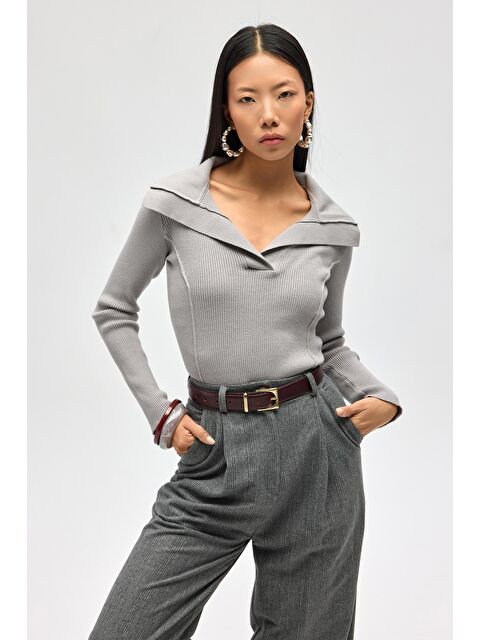 Mai Collection İnari Polo Yaka Gri Triko Kazak - S000511579-20600