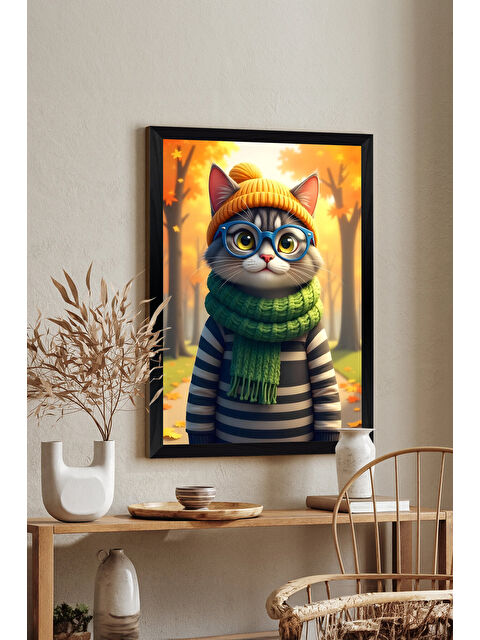 Artavessa Tek Parça Siyah Çerçeve Görünümlü Kedi Baskılı MDF 20x30 cm Tablo - Model 18