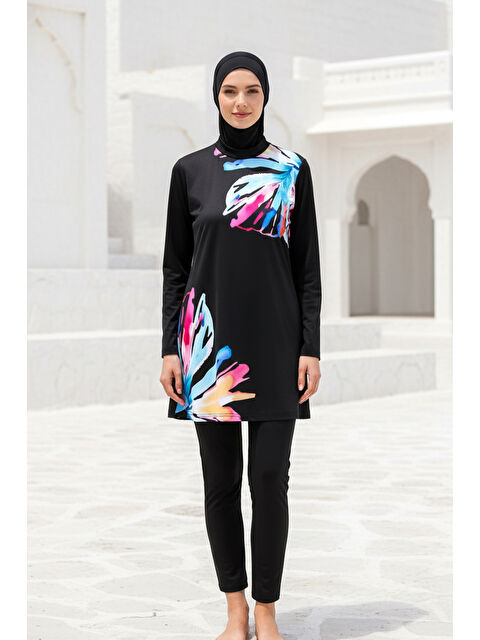 Marina Tesettür Mayo 3’lü Tam Kapalı Çiçek Desenli Siyah M2224 - S000511817-19351