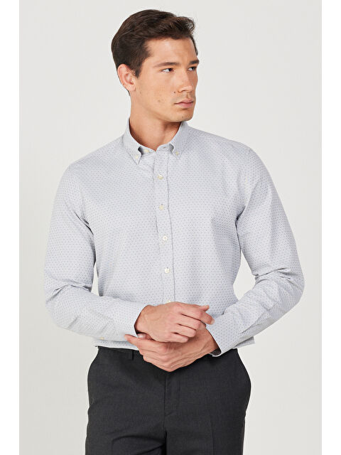 Altınyıldız Classics Erkek Gri Slim Fit Dar Kesim Düğmeli Yaka Armürlü Gömlek - S000403724-20600
