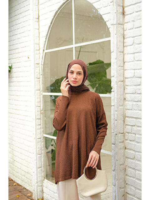 Locco Moda Kadın Kendinden Desenli Tunik Kahverengi - S000435819-19413