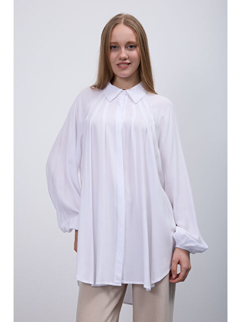 Pera Moda Balon Kol Önü Manşetli Uzun Beyaz Viskon Gömlek - S000359936-20063