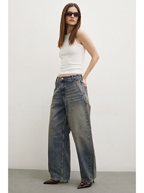 Never More Yüksek Bel Baggy Jean Lacivert - S000317346-21164