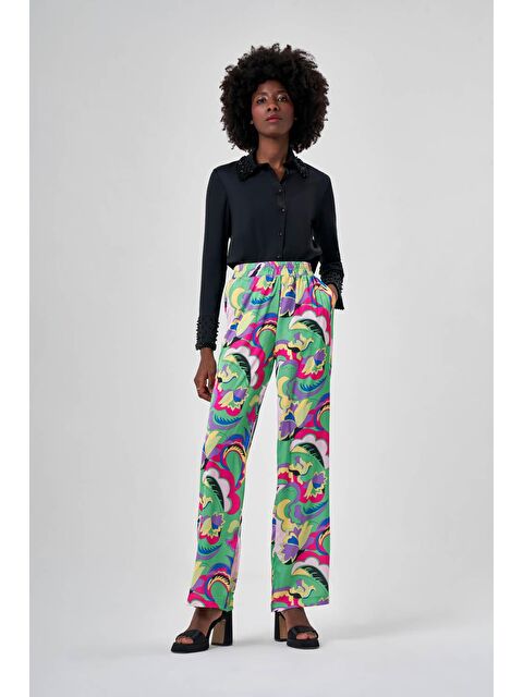 Mizalle Desenli Bol Paça Yeşil Pantolon - S000114494-18194