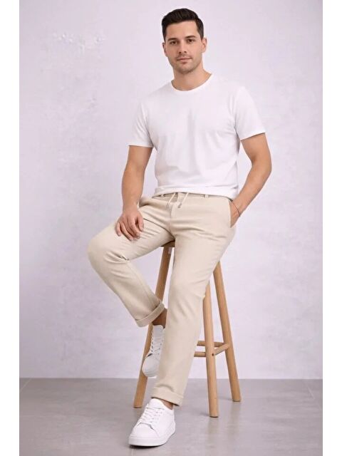 Jane's Erkek Diagonel Mikro Dokulu Duble Paça Cepli Pantolon Bağcıklı Bel, Modern Kesim - Krem