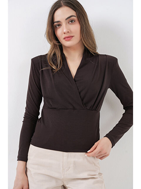 Bigdart Kadın Omuz Vatkalı Kruvaze Yaka Bluz 942 - Kahverengi - S000503848-19413