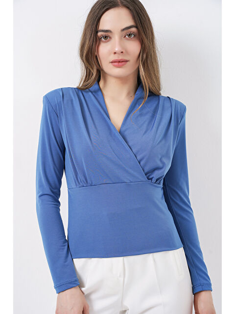 Bigdart Kadın Omuz Vatkalı Kruvaze Yaka Bluz 942 - İndigo - S000503848-23093