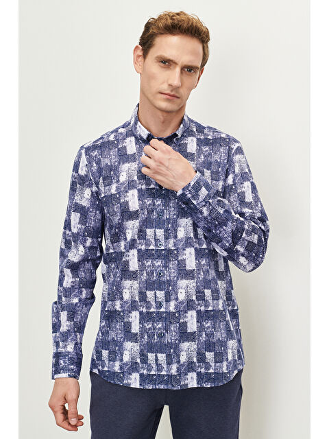Altınyıldız Classics Erkek Lacivert Slim Fit Dar Kesim Düğmeli Yaka %100 Pamuk Baskılı Gömlek