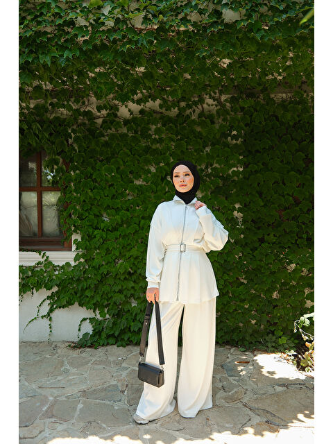 Locco Moda Kadın Beli Pile Detaylı Takım Beyaz - S000435821-20063