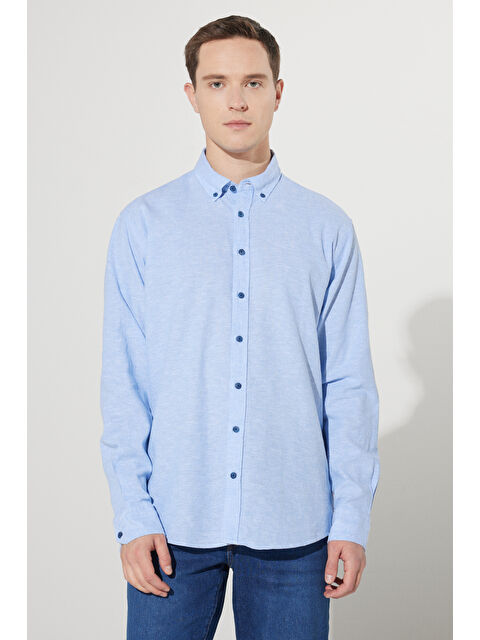 AC&Co / Altınyıldız Classics Erkek Mavi Comfort Fit Rahat Kesim Düğmeli Yaka Keten Gömlek - S000352200-17234