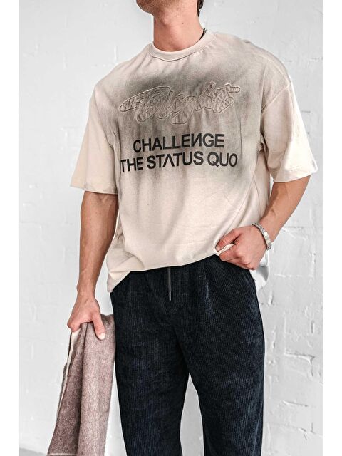 Abluka Online Erkek Oversize Baskılı Yıkamalı T-Shirt Taş Rengi - S000507910-1174
