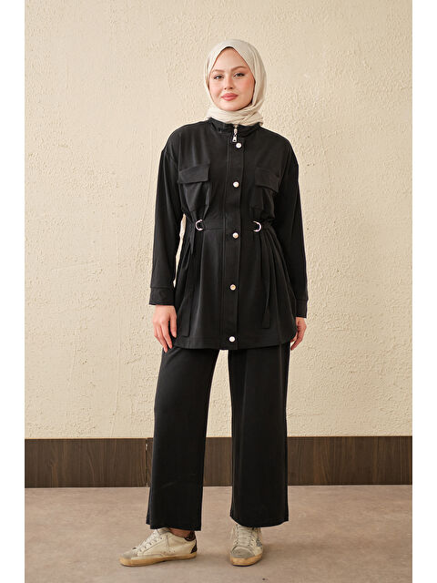 Locco Moda Kadın Çıtçıt Detay Çift Cepli Takım Siyah