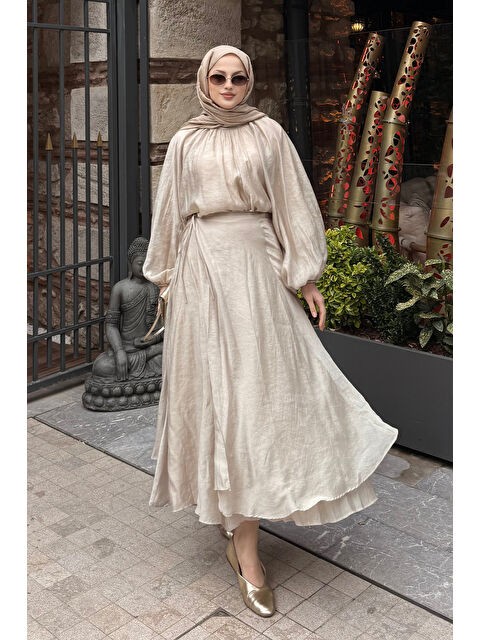 Locco Moda Kadın Tül Detay Pelerinli Etekli Takım Sarı