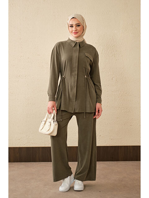 Locco Moda Kadın Beli Ayarlanabilir Tek Cepli Takım Haki Yeşil