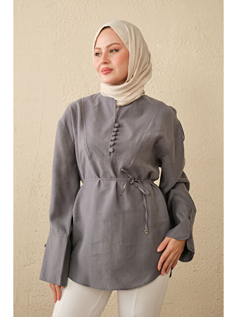 Locco Moda Kadın Önü Çoban Düğmeli Bel Bağlamalı Tunik Gri
