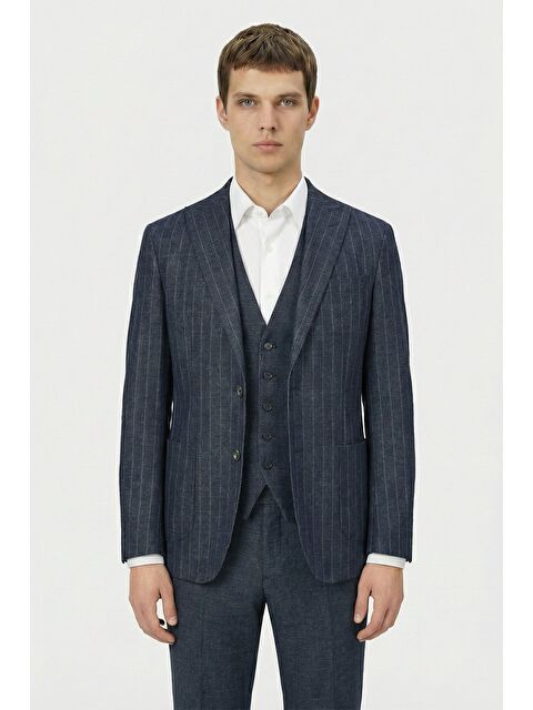 Sabri Özel Giotelli Erkek Lacivert Roma Kalıp Çizgili Sivri Yaka 6 Drop Astarsız Standart Boy Ceket - S000525116-21164