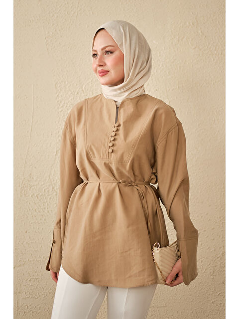 Locco Moda Kadın Önü Çoban Düğmeli Bel Bağlamalı Tunik Vizon