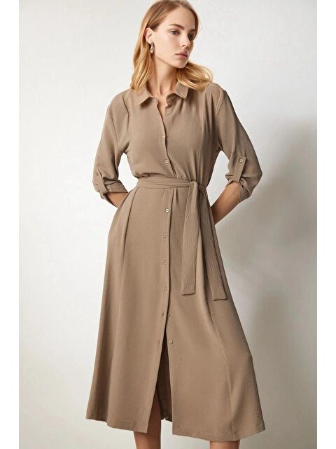 Hazelin Kadın Krem Gizli Cepli Kuşaklı Viskon Gömlek Elbise HZL24S-BD124421 - S000135791-19966