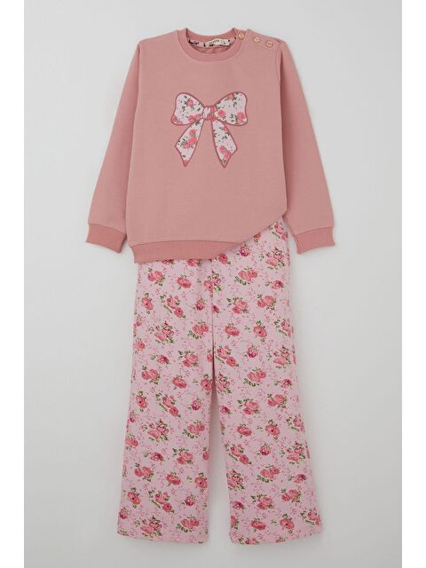 Breeze Kız Çocuk Eşofman Takımı Fiyonk Baskılı Pantolonu Çiçek Desenli Gülkurusu (1.5-5 Yaş) - S000501996-20028