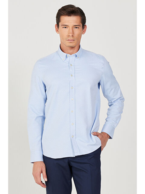 Altınyıldız Classics Erkek Açık Mavi Slim Fit Dar Kesim Düğmeli Yaka Armürlü Gömlek - S000403724-17437