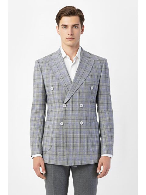 Sabri Özel Giotelli Gri Regular Fit Sivri Yaka Kruvaze Ekose Casual Ceket - S000525120-20600