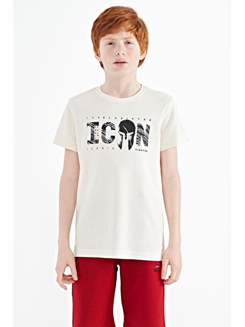 Tommylife Ekru Ön Yazı Nakışlı O Yaka Standart Kalıp Erkek  Çocuk Tişört - 11118 - S000030897-19965