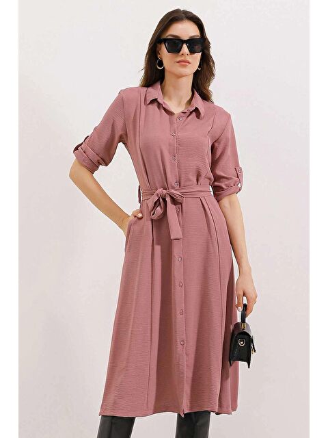 Hazelin Kadın Gül Kurusu Gizli Cepli Kuşaklı Viskon Gömlek Elbise HZL24S-BD124421 - S000135791-20027