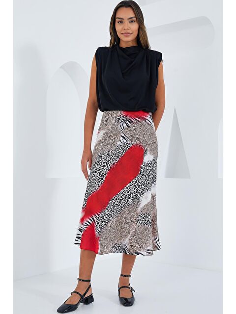 Bigdart Kadın Kırmızı Siyah Desenli Saten Etek 15806 - S000089537-20045