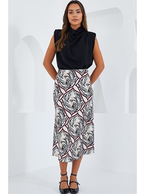 Bigdart Kadın Siyah Kırmızı Desenli Saten Etek 15806 - S000089537-4273