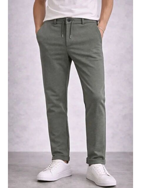 Jane's Erkek Diagonel Mikro Dokulu Duble Paça Cepli Pantolon Bağcıklı Bel, Modern Kesim - Haki