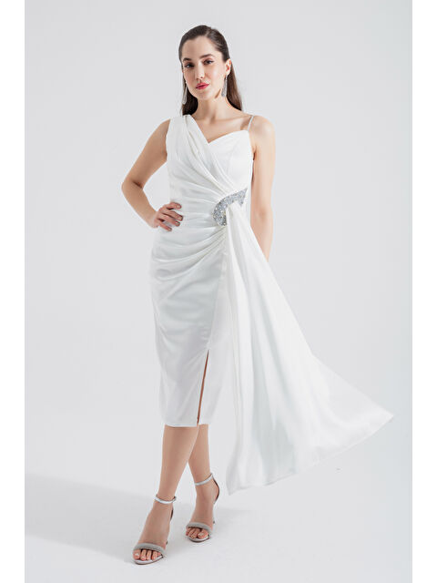 Lafaba Kadın Beyaz Tek Omuzlu Taşlı Midi Abiye Elbise - S000496658-20063