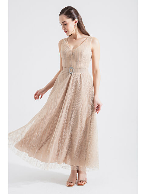 Lafaba Kadın Bej V Yaka Simli Midi Abiye Elbise - S000496672-19928