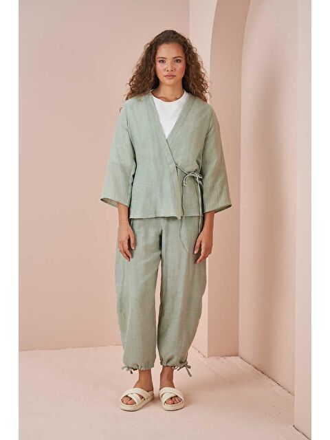 Mevra Kruvaze Kimono Müslin Bluz Yeşil - S000511840-34206
