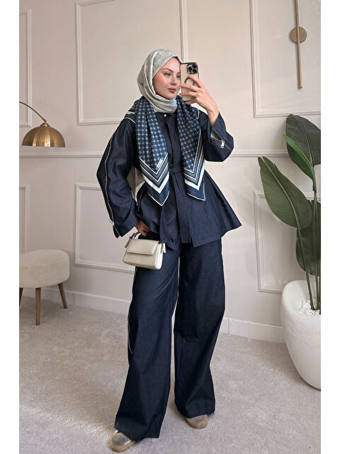 Locco Moda Kadın Kol Fermuar Detaylı Bel Bağlamalı Tek Düğmeli Takım Lacivert - S000511211-21164