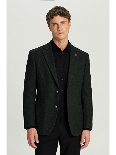 Sabri Özel Yeşil Slim Fit Yün Karışımlı Mono Yaka Desenli Erkek Ceket - S000525134-18194