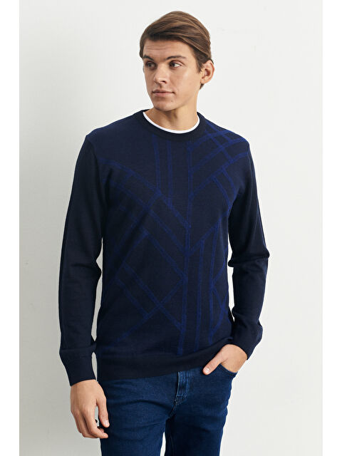 Altınyıldız Classics Erkek Lacivert Standart Fit Bisiklet Yaka Modern Desen Detaylı Kışlık Triko Kazak - S000403752-21164