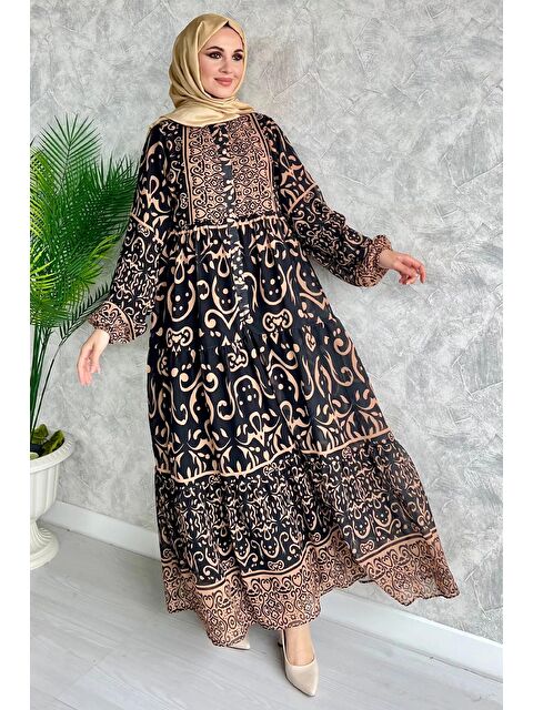 Julude Yarım Düğmeli Astarlı Desenli Şifon Elbise - S000179036-4557