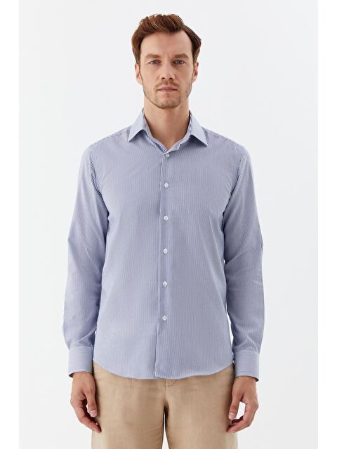 Sabri Özel Erkek Koyu Mavi Çizgili Sivri Yaka Regular Fit Gömlek - S000525135-19393