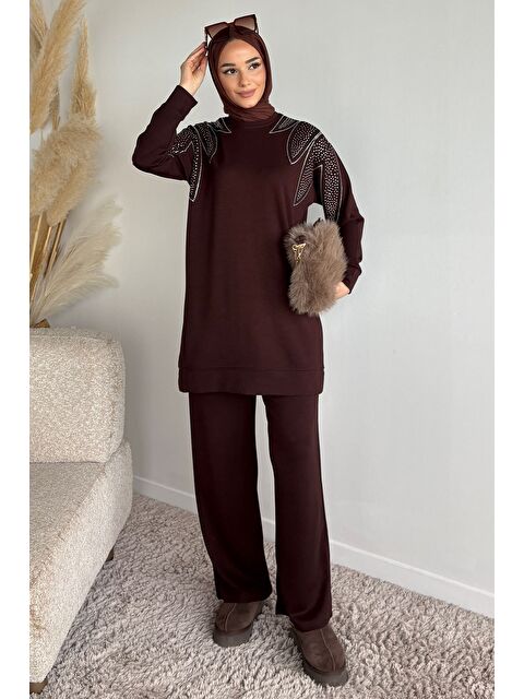 Julude Bisiklet Yaka Taş İşlemeli Tunik Bel Lastikli Pantolon Tesettür İkili Takım - S000491592-19413