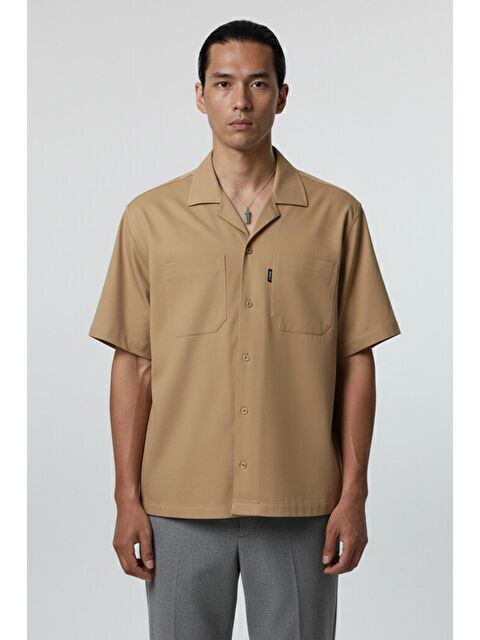 Sabri Özel Giotelli Camel Standart Fit %100 Keten Apaş Yaka Erkek Gömlek - S000525137-4557