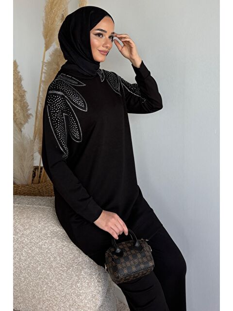 Julude Bisiklet Yaka Taş İşlemeli Tunik Bel Lastikli Pantolon Tesettür İkili Takım - S000491592-19351