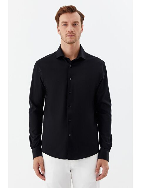 Sabri Özel Erkek Siyah Düz Klasik Yaka Slim Fit Gömlek - S000525141-19351