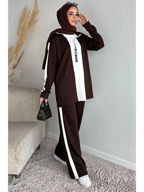 Julude Tesettür Yarım Fermuarlı Renk Garnili Tunik Pantolon İkili Takım - S000491590-19413